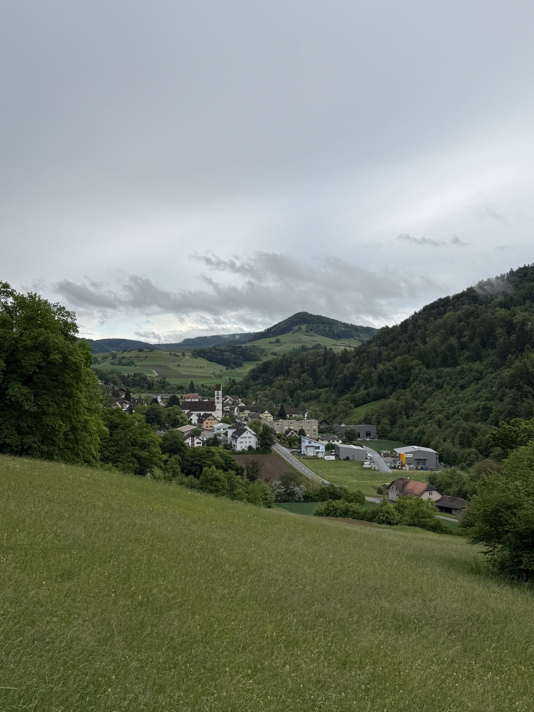 Landschaft mit Dorf zwischen grünen Hügeln unter bewölktem Himmel am Nachmittag