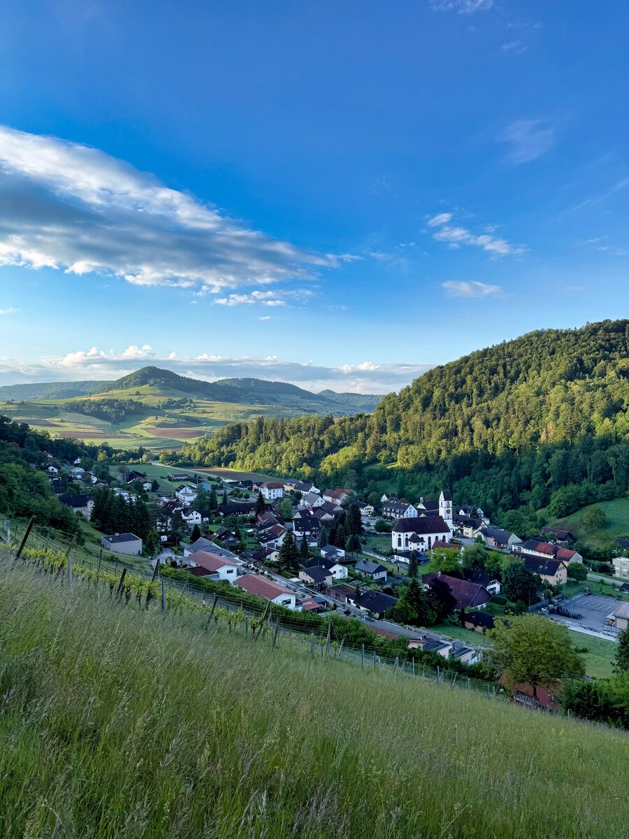 Landschaftsfoto von Mettau mit grünen Hügeln, Häusern und Kirche unter blauem Morgenhimmel