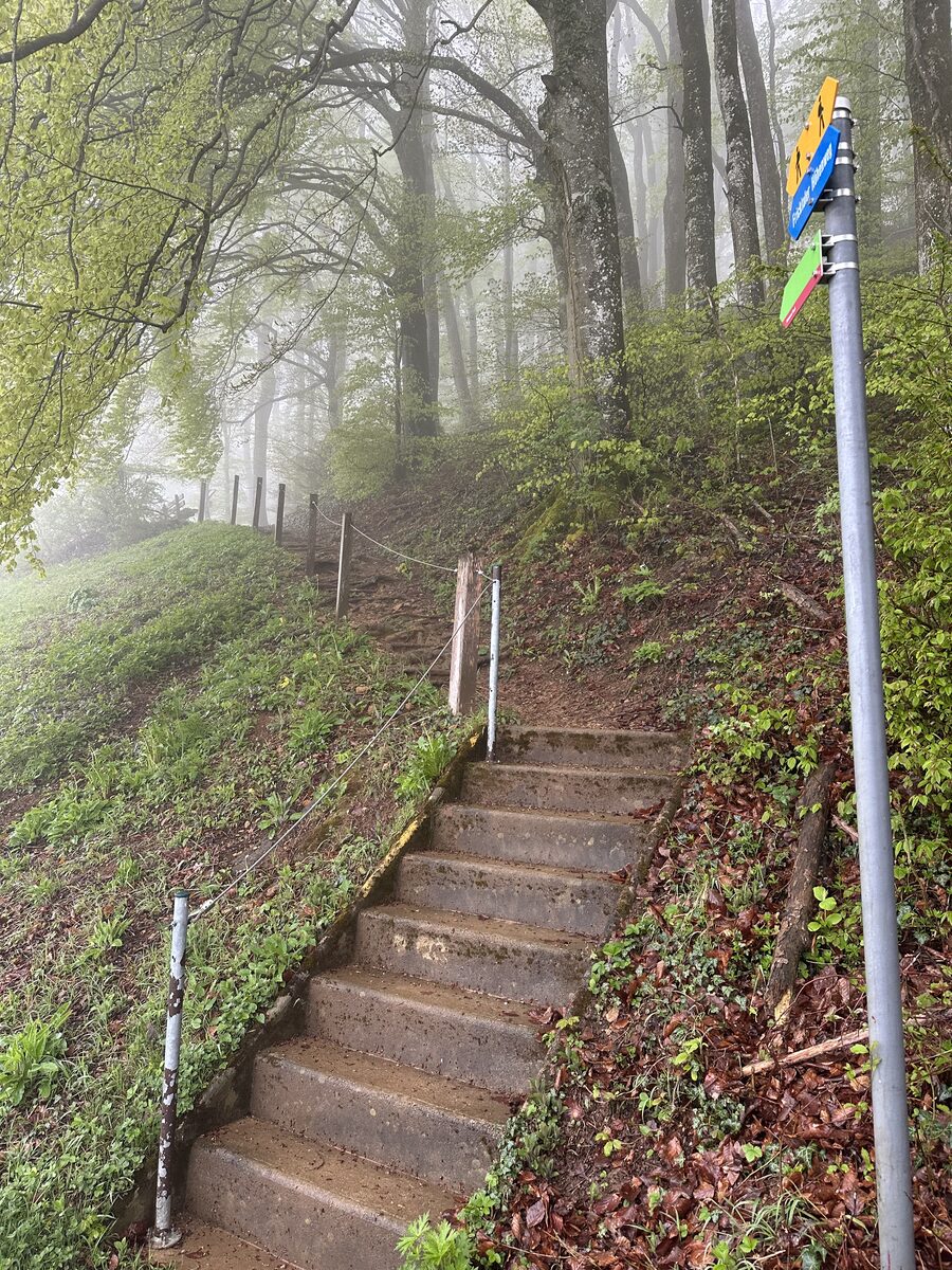 Steil ansteigender Weg am Laubberg mit Lourdes-Grotte und Kapelle, mit Steinkreuz und Bänkli am Wanderweg im Fricktaler Jura